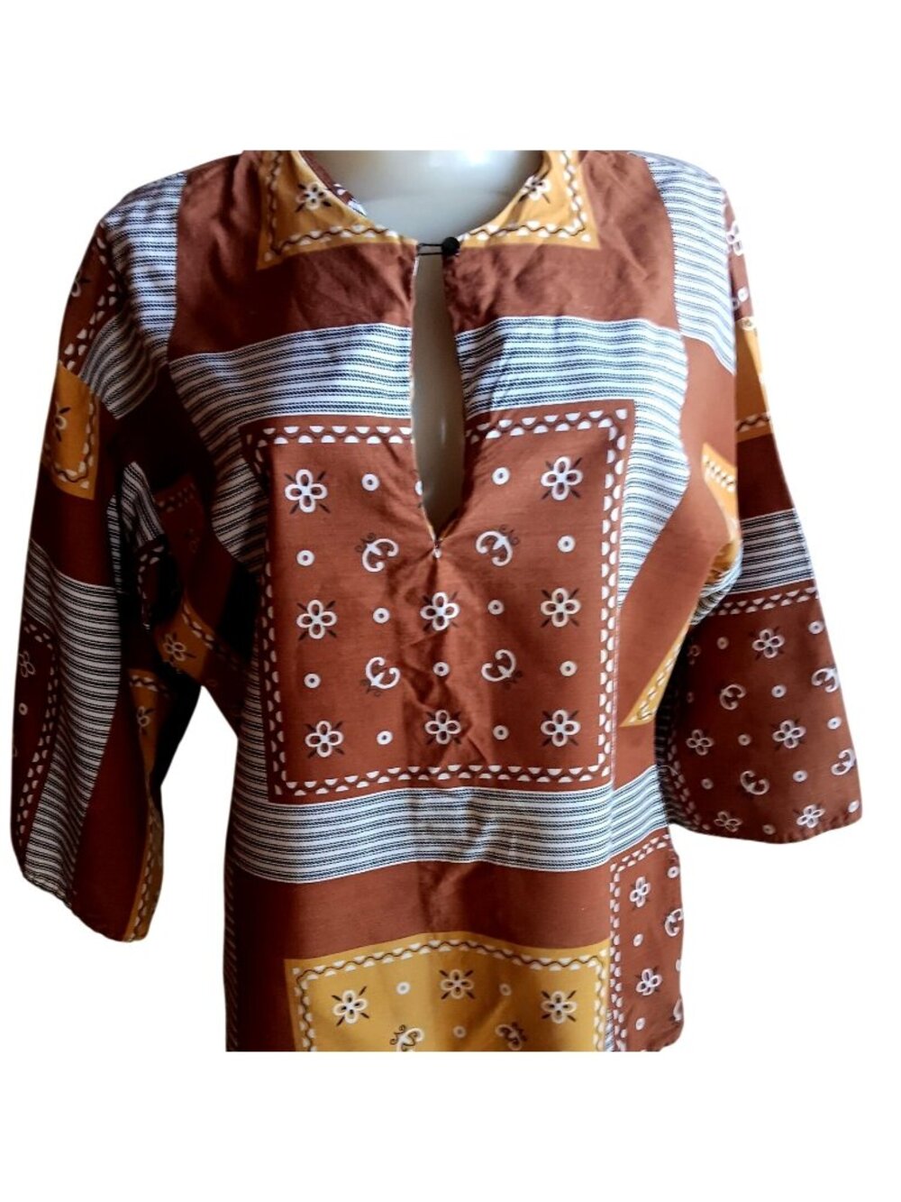 Boho Patchwork Tunic True Vintage Medium 70's Blouse Top Keyhole Kimono Sleeves